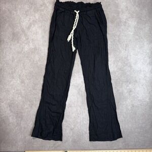 Roxy Womens Flare Pants Black Pull On Pockets Linen Blend Drawstring S